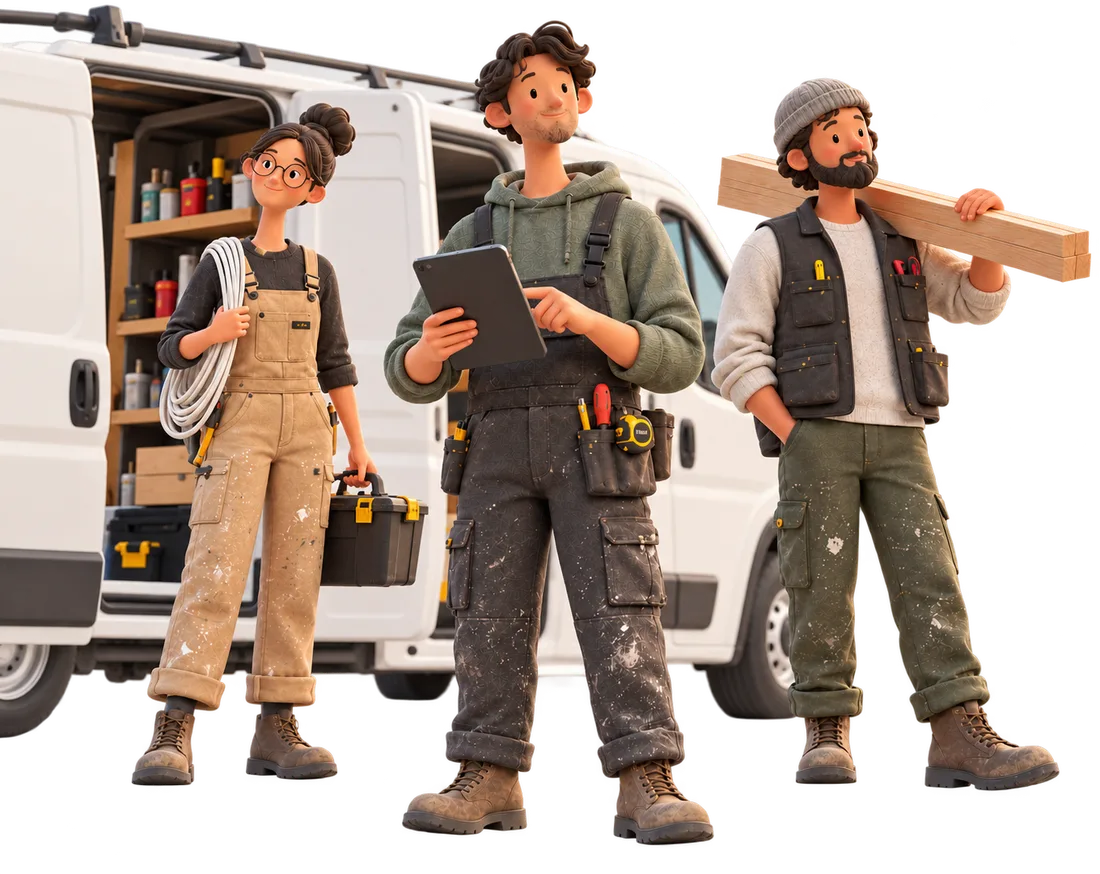The splash-screen crew: an electrician with a coil of cable, a worker checking a tablet, and a carpenter carrying timber, beside their van.